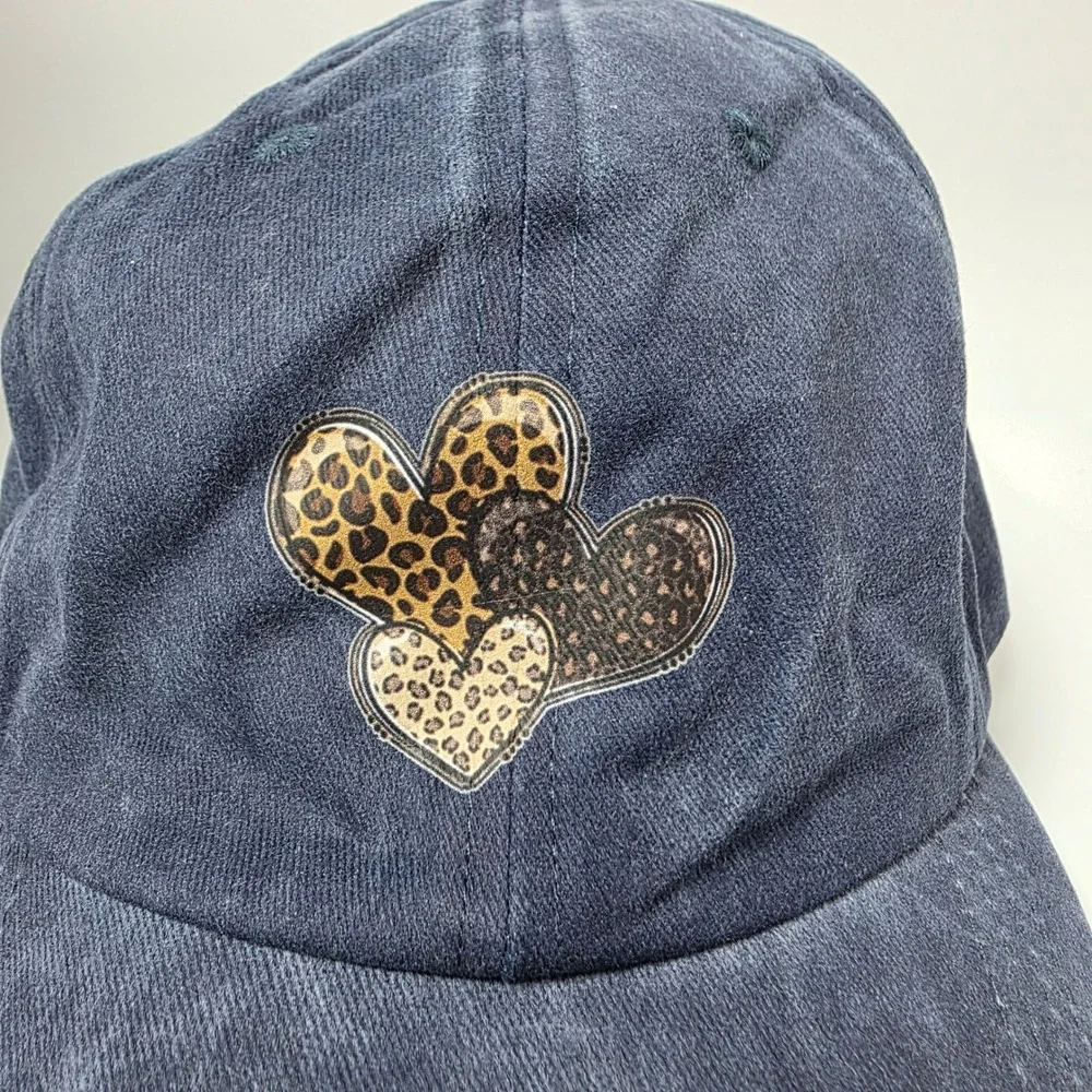 Womens Leopard Print Heart Navy Blue Washed Denim Baseball Cap Adjustable Hat